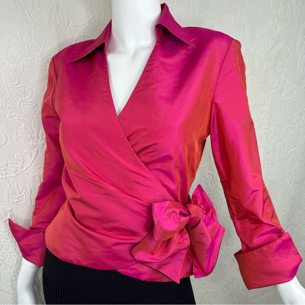Marisa Baratelli Thai Silk Iridescent Pink Orange Wrap Top w/Collar